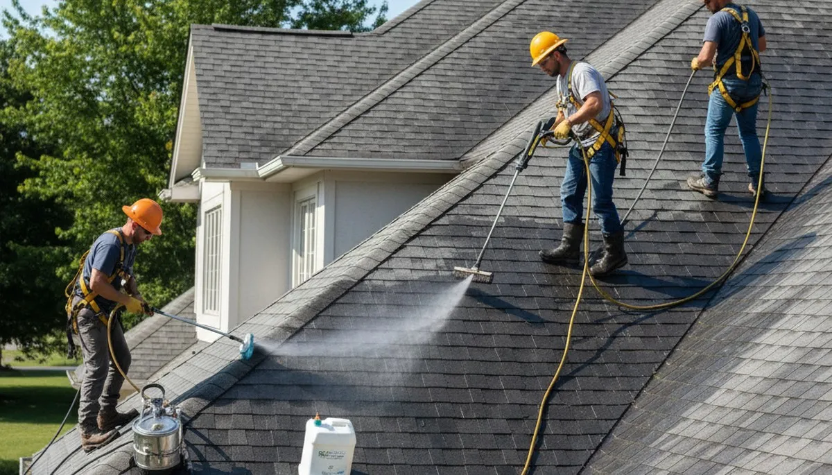Brooklyn, NY roof cleaning service removing algae, moss, and debris from a residential roof